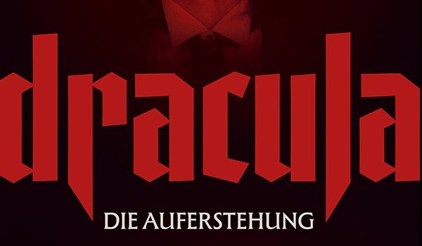 Theaterplakat für Dracula mit rotem Schriftzug auf schwarzem Hintergrund.